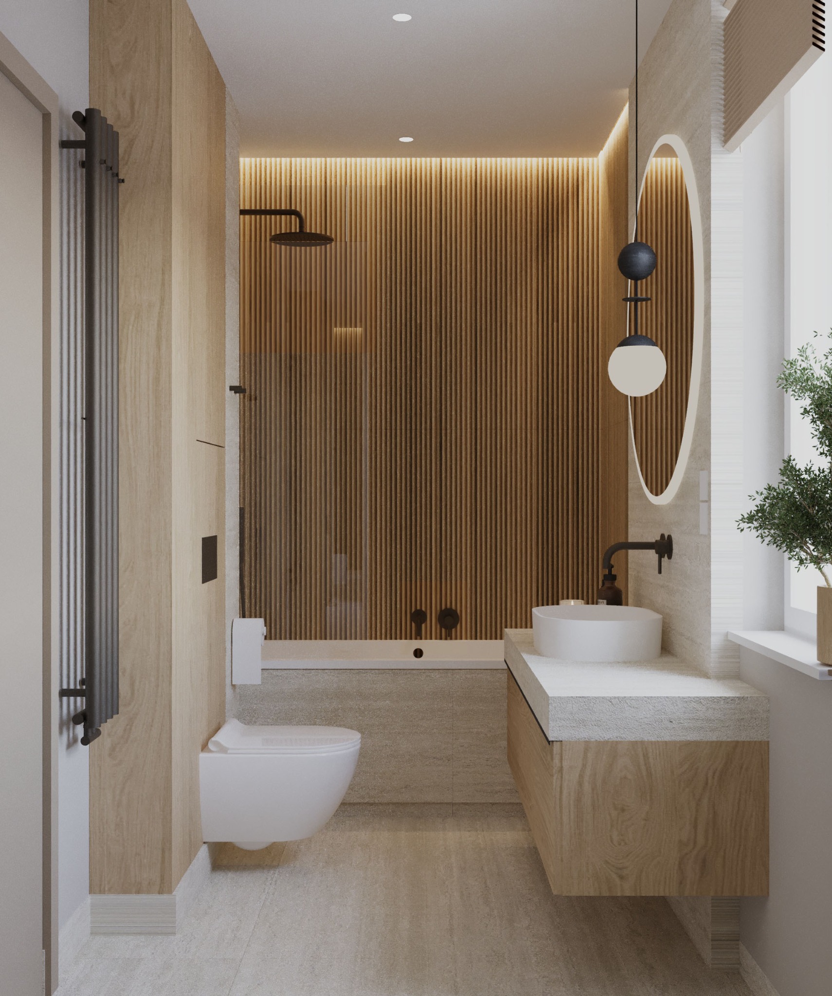 Elegancka łazienka z drewnianymi panelami, owalnym lustrem z podświetleniem i designerską lampą. Minimalistyczny styl, jasne kolory, nowoczesne wyposażenie.