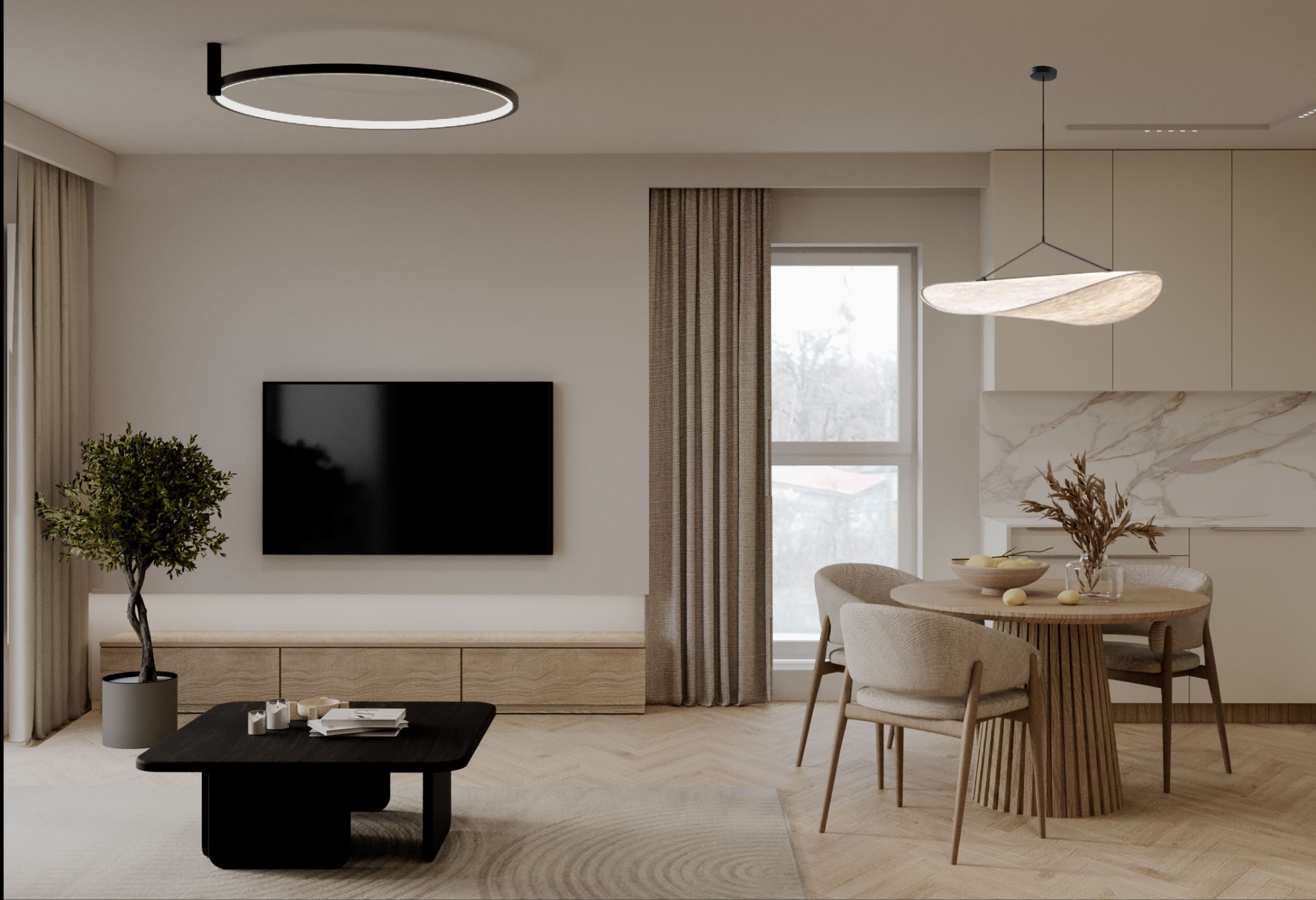 Jasne wnętrze w stylu skandynawskim: stół z krzesłami, TV, roślina doniczkowa, drewniana podłoga, okrągła lampa sufitowa. Minimalistyczny design.