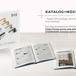 Agnieszka Cieśluk - Katalog klamek Porta, mockup DTP. Prezentacja asortymentu w katalogu sprzedażowym. Otwarty katalog z ekspozytorami i zestawami klamek na jasnym tle.