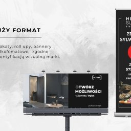 Agnieszka Cieśluk - Makieta reklamy wizualnej: billboard z salonem Porta i roll-up Hito Sushi, prezentująca plakaty, roll-upy i bannery wielkoformatowe, zgodne z identyfikacją wizualną.
