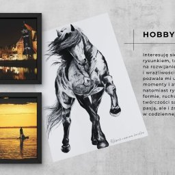 Agnieszka Cieśluk - Portfolio grafika: zdjęcia Gdańska i Zatoki Puckiej w ramkach oraz rysunek konia. Tekst o pasji do fotografii i rysunku jako inspiracji w pracy projektowej.