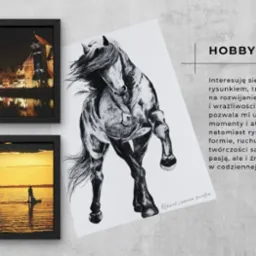 Portfolio grafika: zdjęcia Gdańska i Zatoki Puckiej w ramkach oraz rysunek konia. Tekst o pasji do fotografii i rysunku jako inspiracji w pracy projektowej.