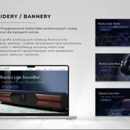 Seria promocyjnych bannerów kolekcji Rustica Line na laptopie. Grafiki w wersji desktop i mobile, spójne z identyfikacją wizualną marki. Elegancja, tekstura i prostota.