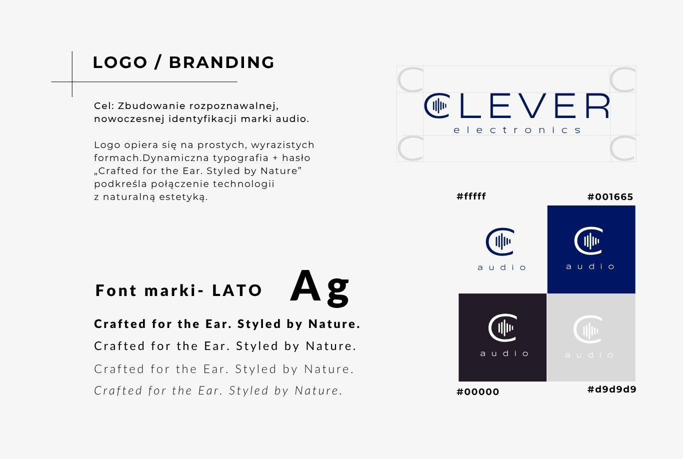 Prezentacja identyfikacji wizualnej marki audio: logo Clever electronics, paleta kolorów (#ffffff, #001665, #00000, #d9d9d9) i typografia (Lato) z hasłem Crafted for the Ear. Styled by Nature.