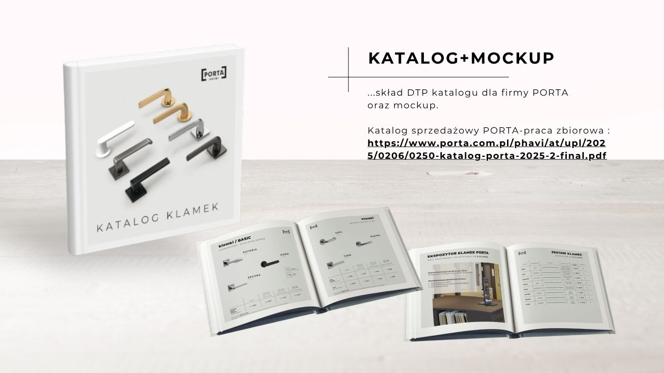 Katalog klamek Porta, mockup DTP. Prezentacja asortymentu w katalogu sprzedażowym. Otwarty katalog z ekspozytorami i zestawami klamek na jasnym tle.