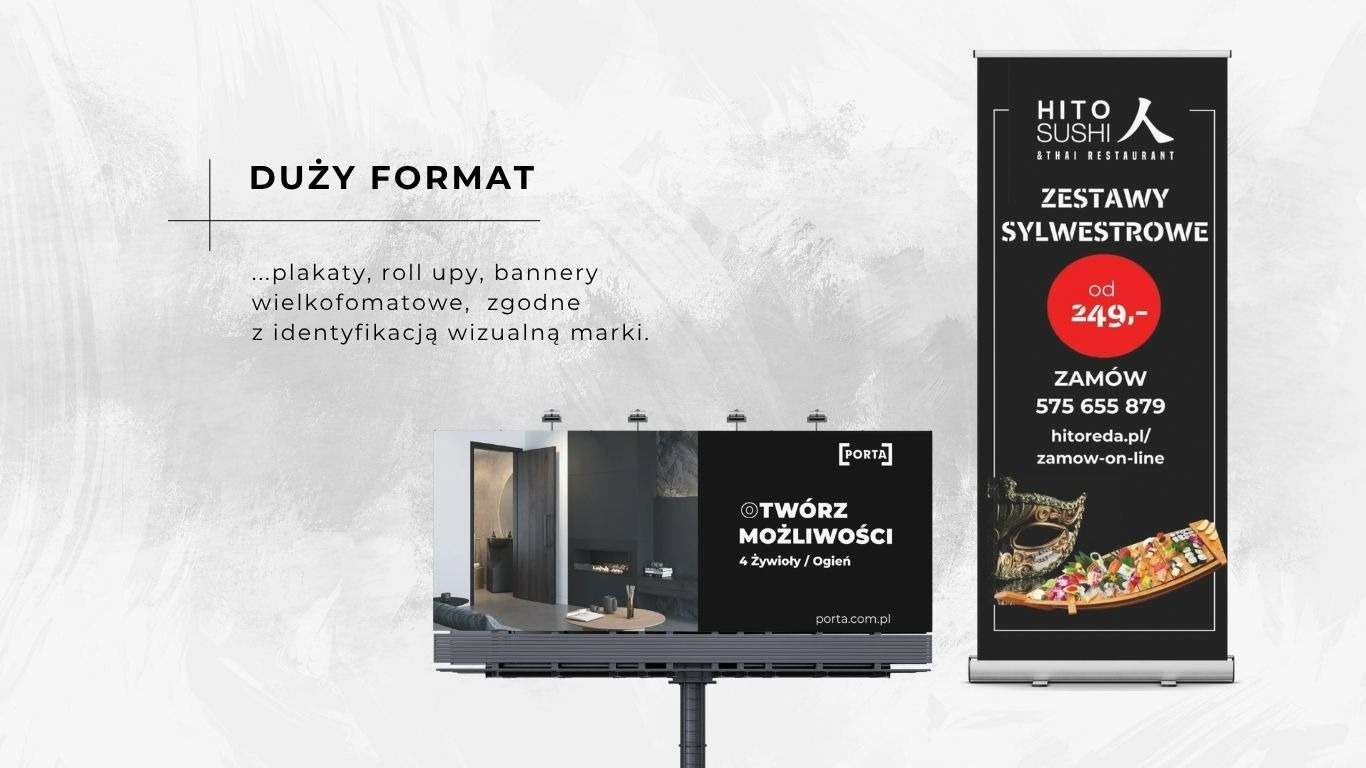 Makieta reklamy wizualnej: billboard z salonem Porta i roll-up Hito Sushi, prezentująca plakaty, roll-upy i bannery wielkoformatowe, zgodne z identyfikacją wizualną.