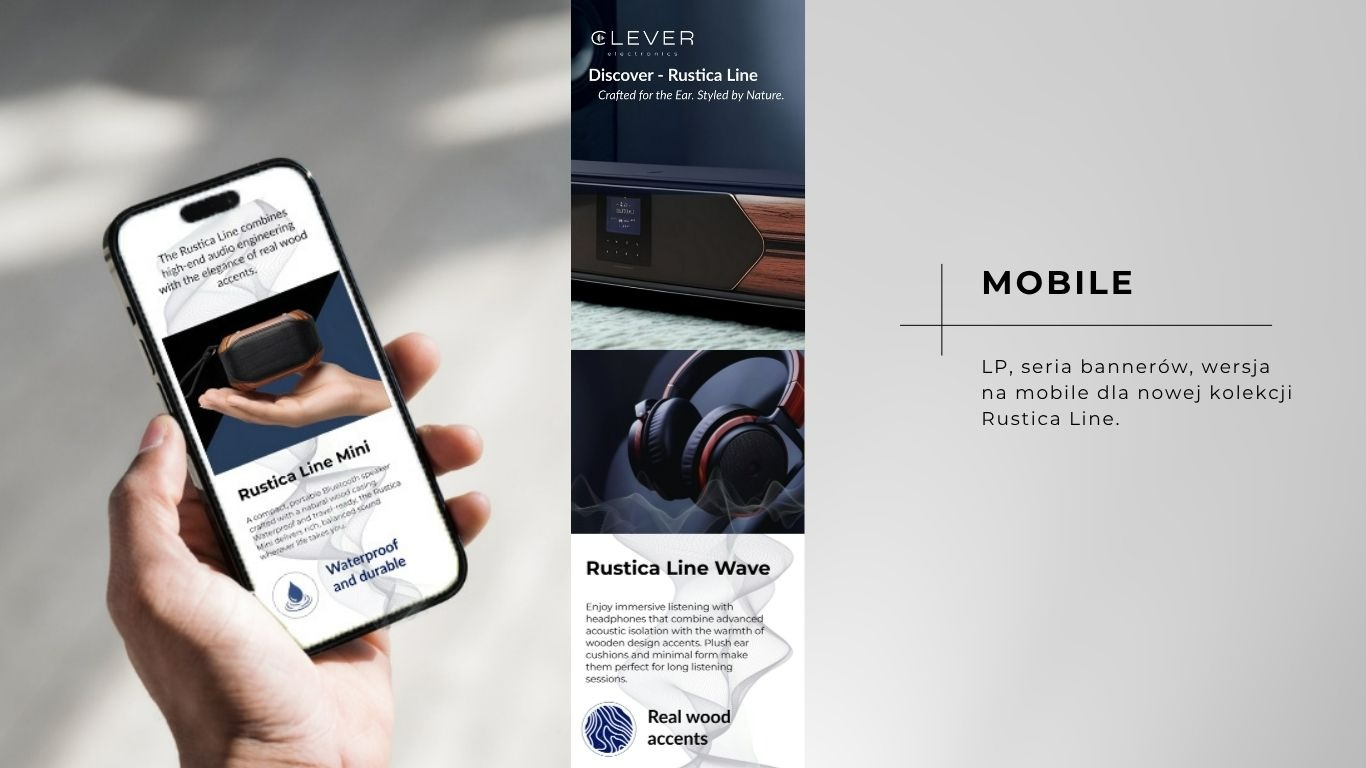 Reklama nowej kolekcji audio 'Rustica Line' na smartfonie, prezentująca słuchawki i głośnik z drewnianymi akcentami. Całość w minimalistycznej stylistyce.