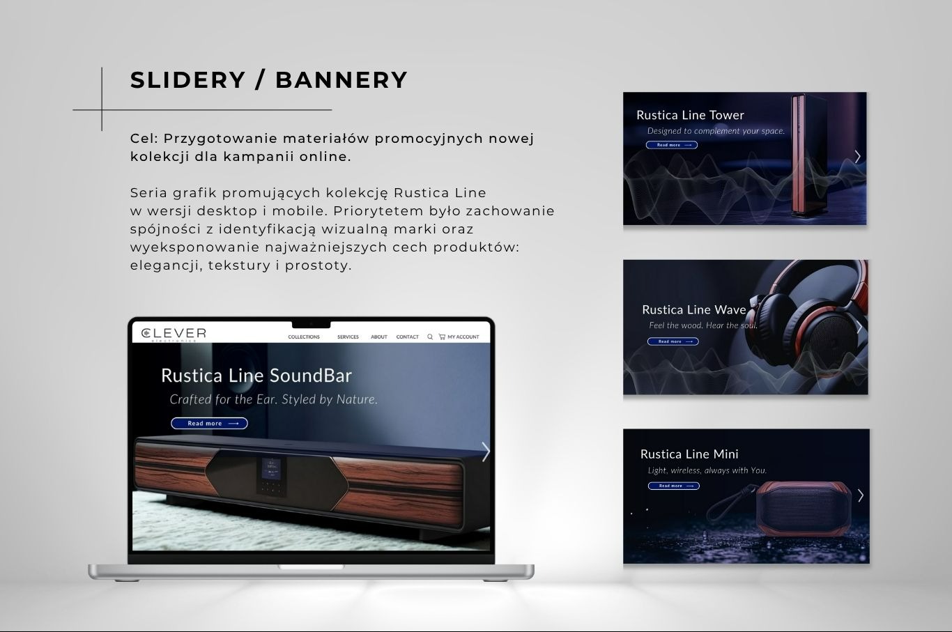 Seria promocyjnych bannerów kolekcji Rustica Line na laptopie. Grafiki w wersji desktop i mobile, spójne z identyfikacją wizualną marki. Elegancja, tekstura i prostota.