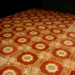 Dekoracyjna podłoga parkietowa z czerwonymi, ośmiokątnymi wstawkami i kremowymi rozetami, ułożona we wzór na ciemnym tle.