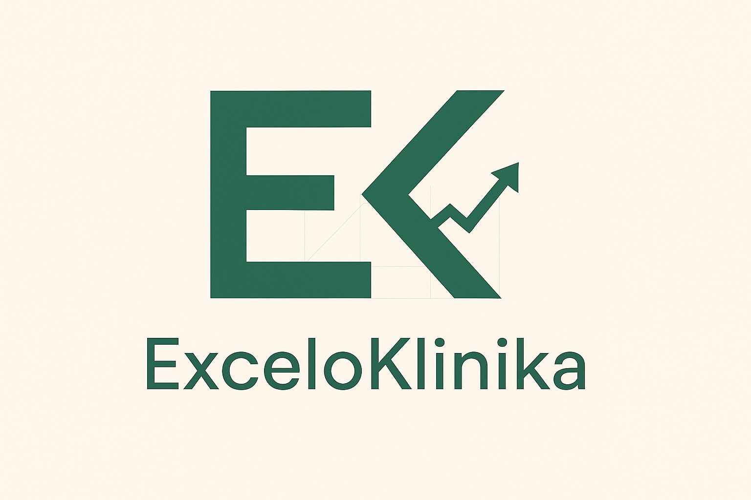 Zielone logo firmy ExceloKlinika z motywem strzałki wzrostu, umieszczone na kremowym tle. Minimalistyczny design, nowoczesna typografia.