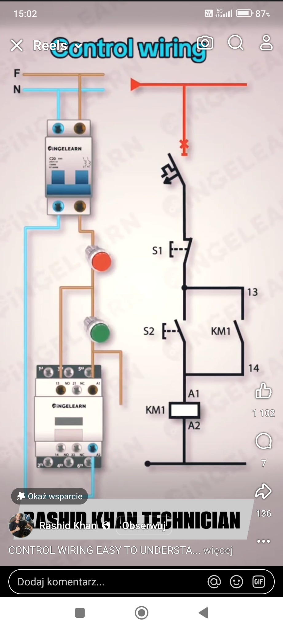 Schemat instalacji elektrycznej z oznaczeniami elementów, w tym wyłącznika, stycznika i przycisków, przedstawiony w formie grafiki edukacyjnej.