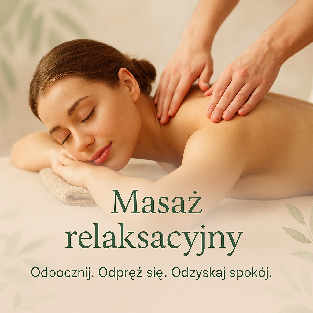 Kobieta z zamkniętymi oczami relaksuje się podczas masażu pleców, wykonywanego przez masażystę. Delikatne oświetlenie i spokojna atmosfera.