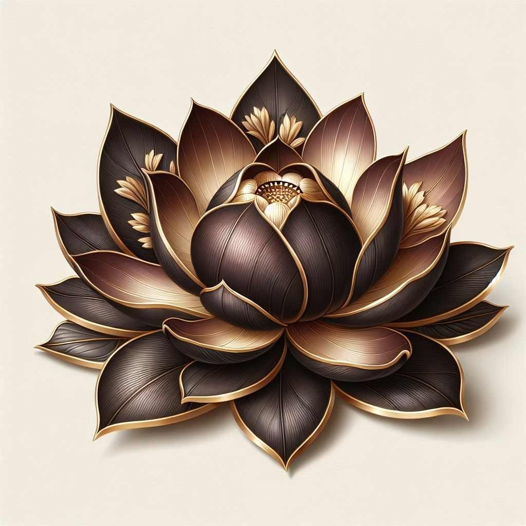 Elegancki, stylizowany kwiat lotosu w odcieniach brązu i złota, z detalami imitującymi rzeźbienie. Idealny motyw do relaksacyjnego wystroju wnętrz.