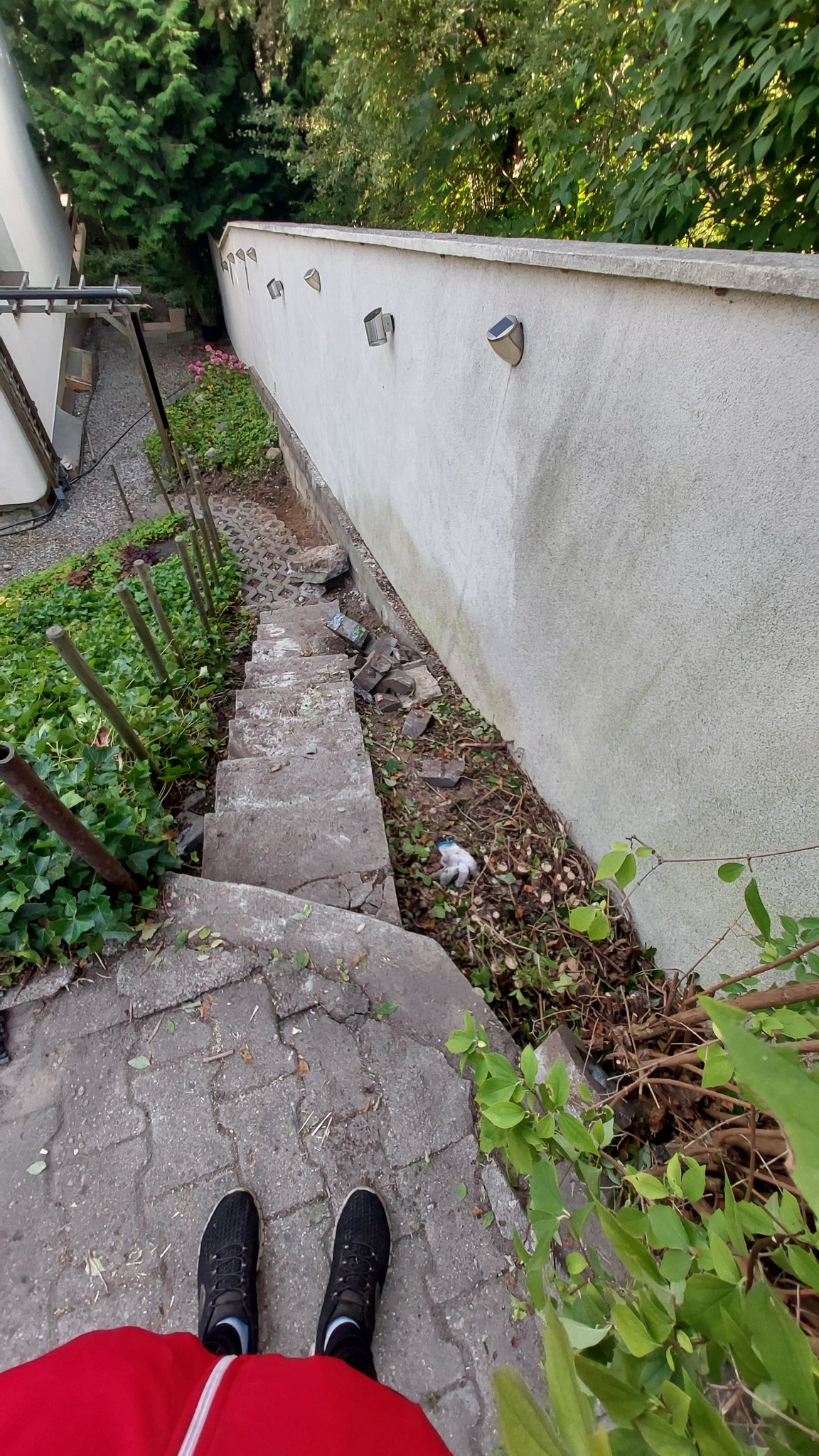 Zniszczone schody w dół ogrodu, wymagające naprawy lub renowacji. Widoczne ślady uszkodzeń, gruz i zaniedbana roślinność. U góry mur z lampami solarnymi.