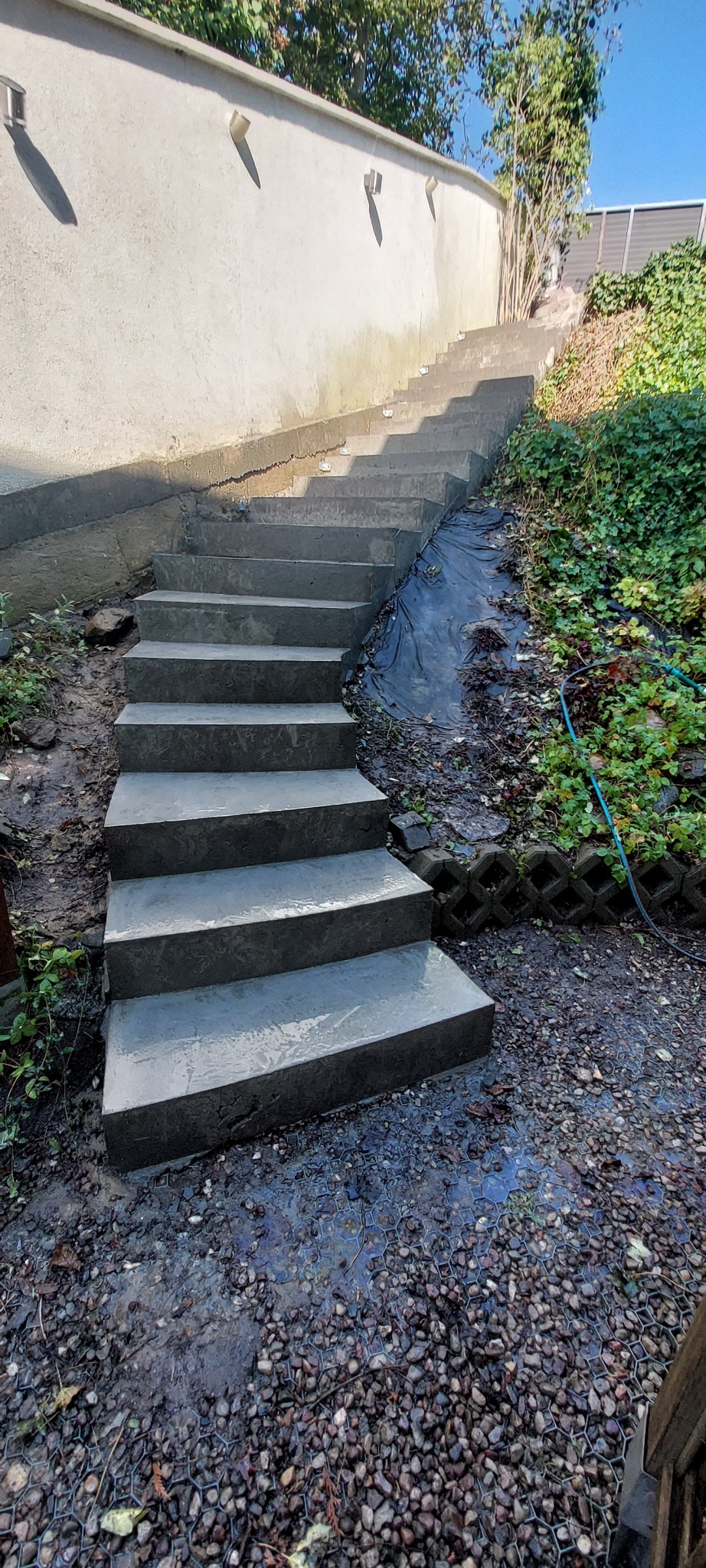 Betonowe schody zewnętrzne prowadzące w górę, obok ściany z oświetleniem i roślinności. Widoczne kamienie na ziemi i elementy wykończenia ogrodu.