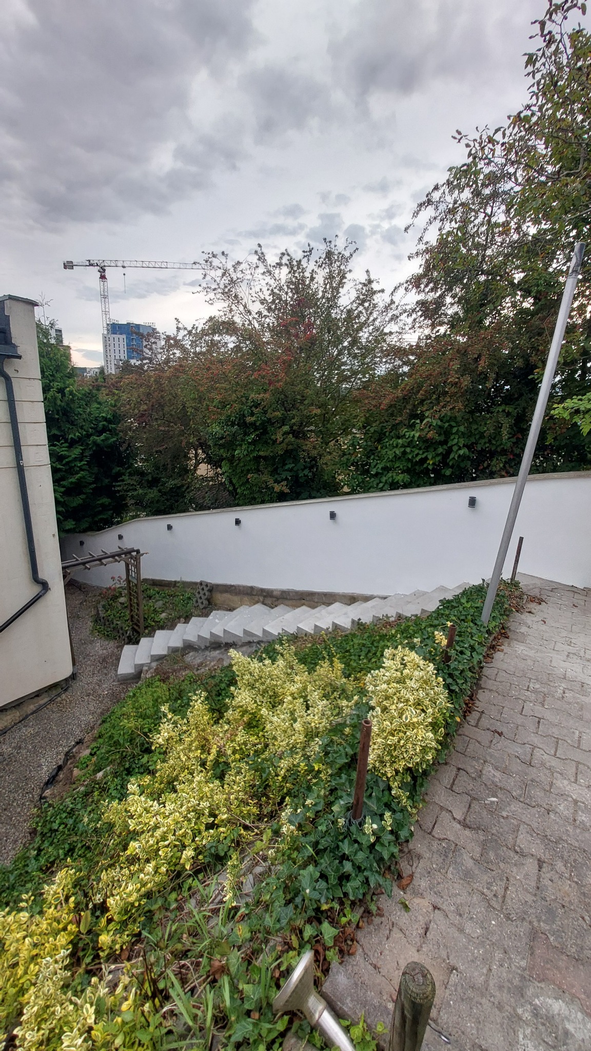 Ogród z białym murem, schodami i roślinami. Widoczny fragment budynku, drzewa i dźwig w tle. Kąt ujęcia z dołu podkreśla perspektywę ogrodu.