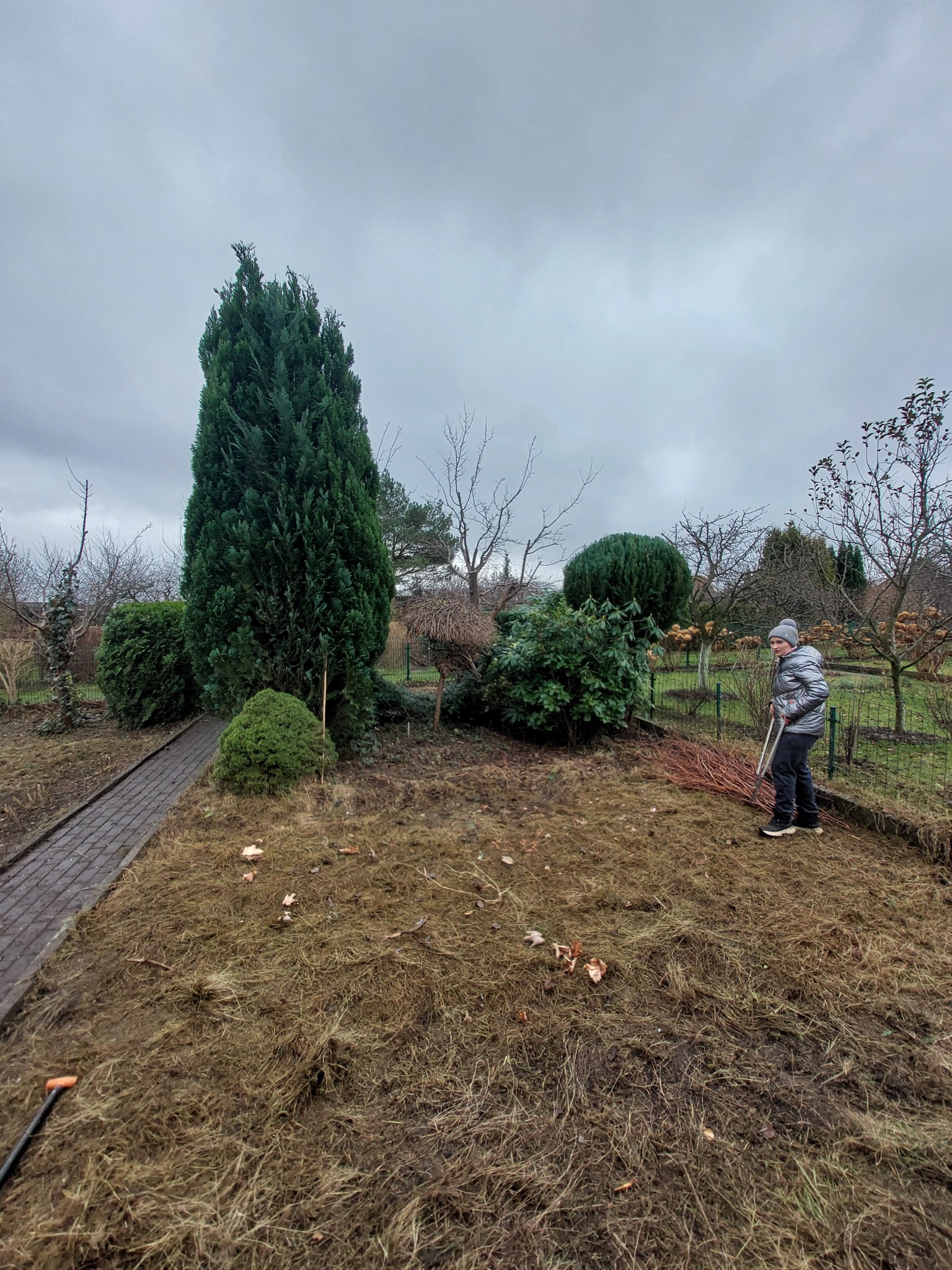 Jesienne grabienie liści w ogrodzie. Osoba w srebrnej kurtce zbiera opadłe liście na trawniku, widoczne drzewa i krzewy. Pochmurne niebo w tle.