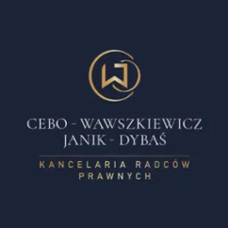 Eleganckie logo Kancelarii Radców Prawnych: złoty symbol w okręgu, nazwa firmy 'Cebo - Wawszkiewicz Janik - Dybaś' na granatowym tle.