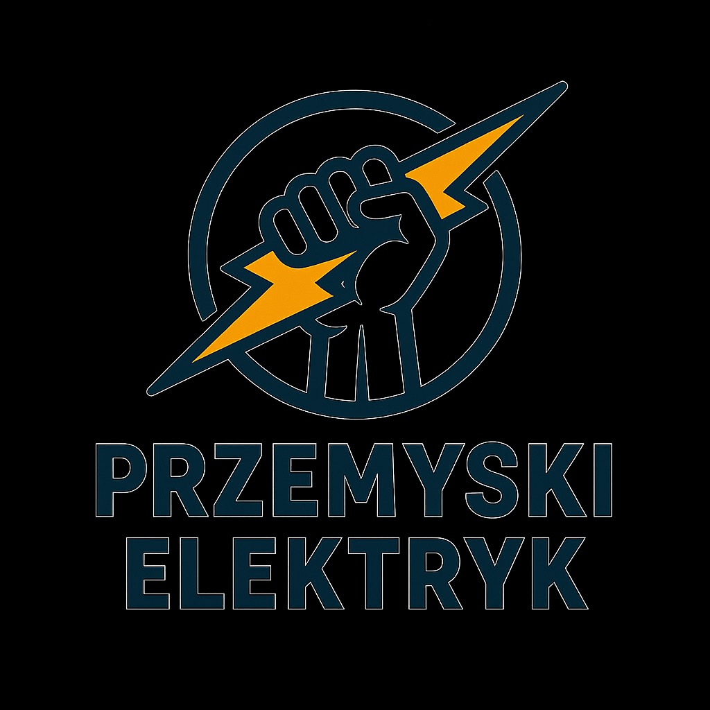 Logo firmy 'Przemyski Elektryk' z symbolem pięści trzymającej błyskawicę w okręgu, na czarnym tle. Nazwa firmy w kolorze niebieskim.