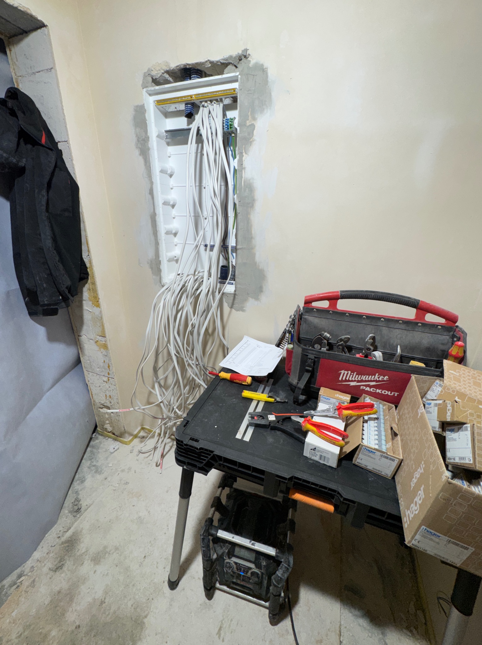 Rozdzielnica elektryczna w trakcie montażu, widoczne przewody, narzędzia i skrzynka narzędziowa Milwaukee Packout na stole roboczym. Ściany w surowym stanie.
