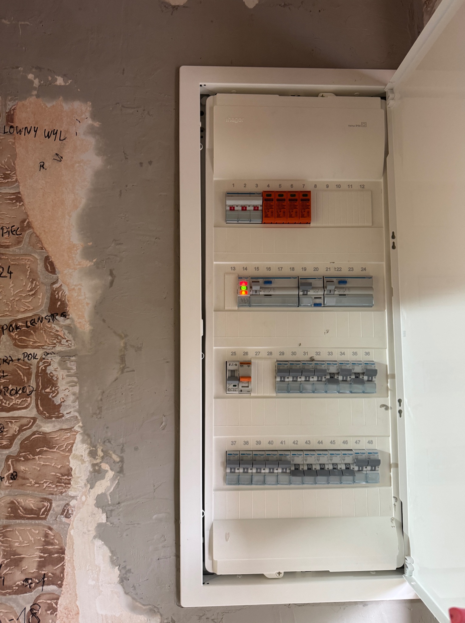 Otwarta skrzynka elektryczna Hager z bezpiecznikami na ścianie w trakcie remontu. Widoczne przewody i oznaczenia na ścianie.