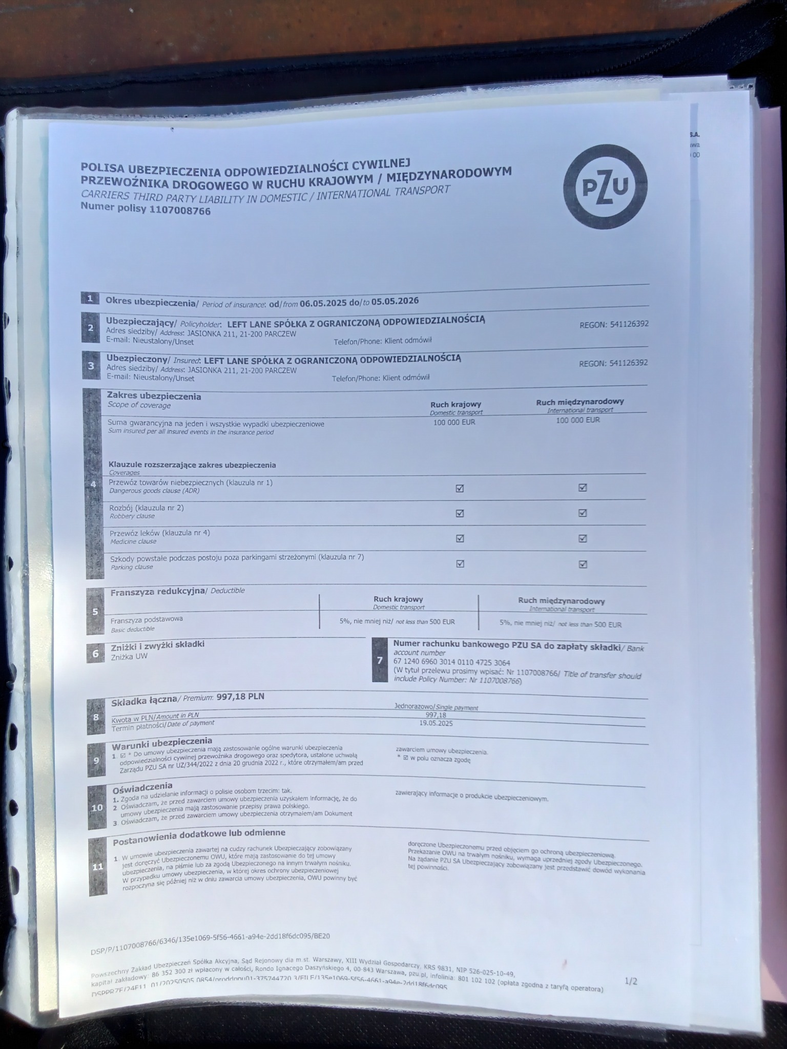 Polisa ubezpieczenia OC przewoźnika drogowego PZU, widoczne dane ubezpieczającego Left Lane Spółka z o.o. oraz zakres ubezpieczenia krajowego i międzynarodowego.