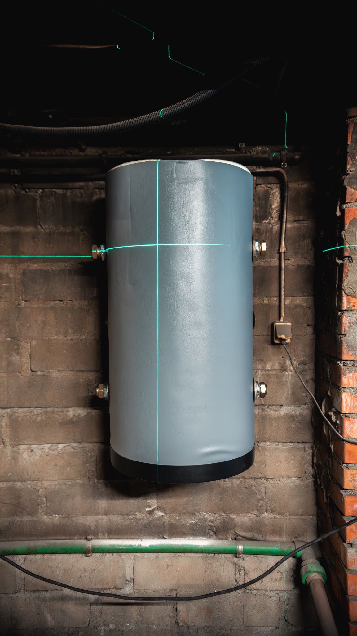 Szary zbiornik akumulacyjny, montowany na ceglanej ścianie, wyrównany laserowo. Widoczne rury i przewody. Element instalacji w surowym pomieszczeniu.