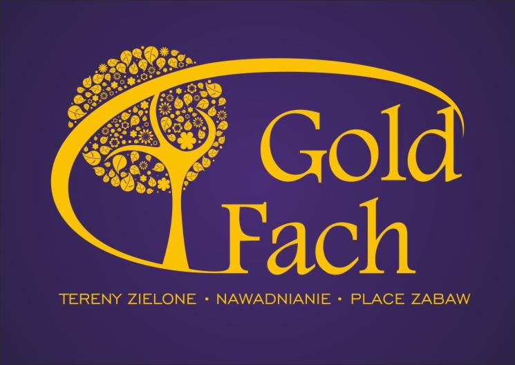 Logo firmy Gold Fach na fioletowym tle. Złoty stylizowany rysunek drzewa z liści i kwiatów, obok napis Gold Fach oraz pod spodem Tereny Zielone, Nawadnianie, Place Zabaw.