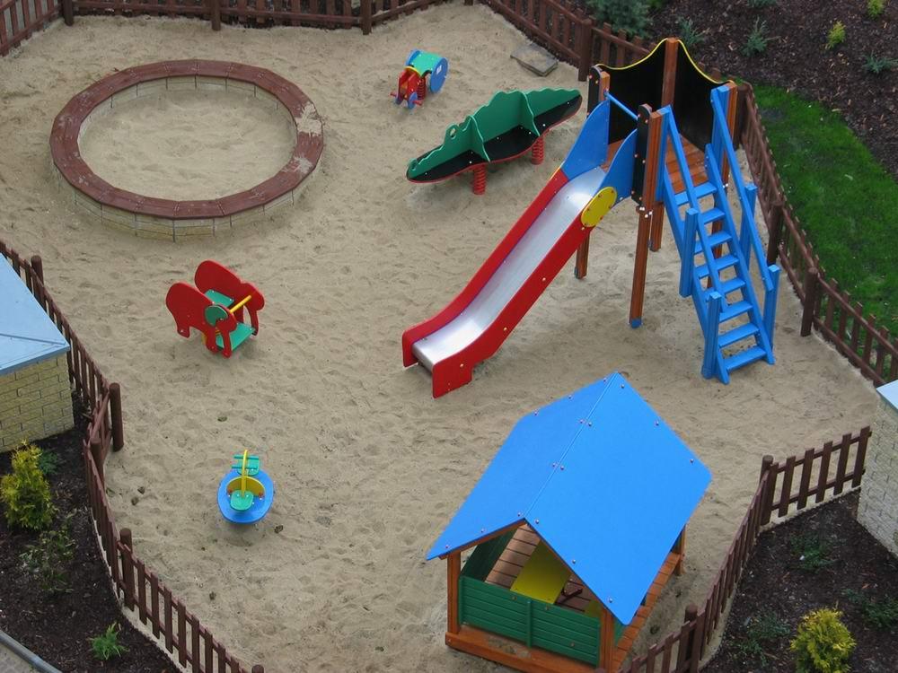 Widok z góry na plac zabaw z piaskownicą, zjeżdżalnią, huśtawkami i małą altaną z niebieskim dachem, otoczony niskim drewnianym płotkiem i zielenią.