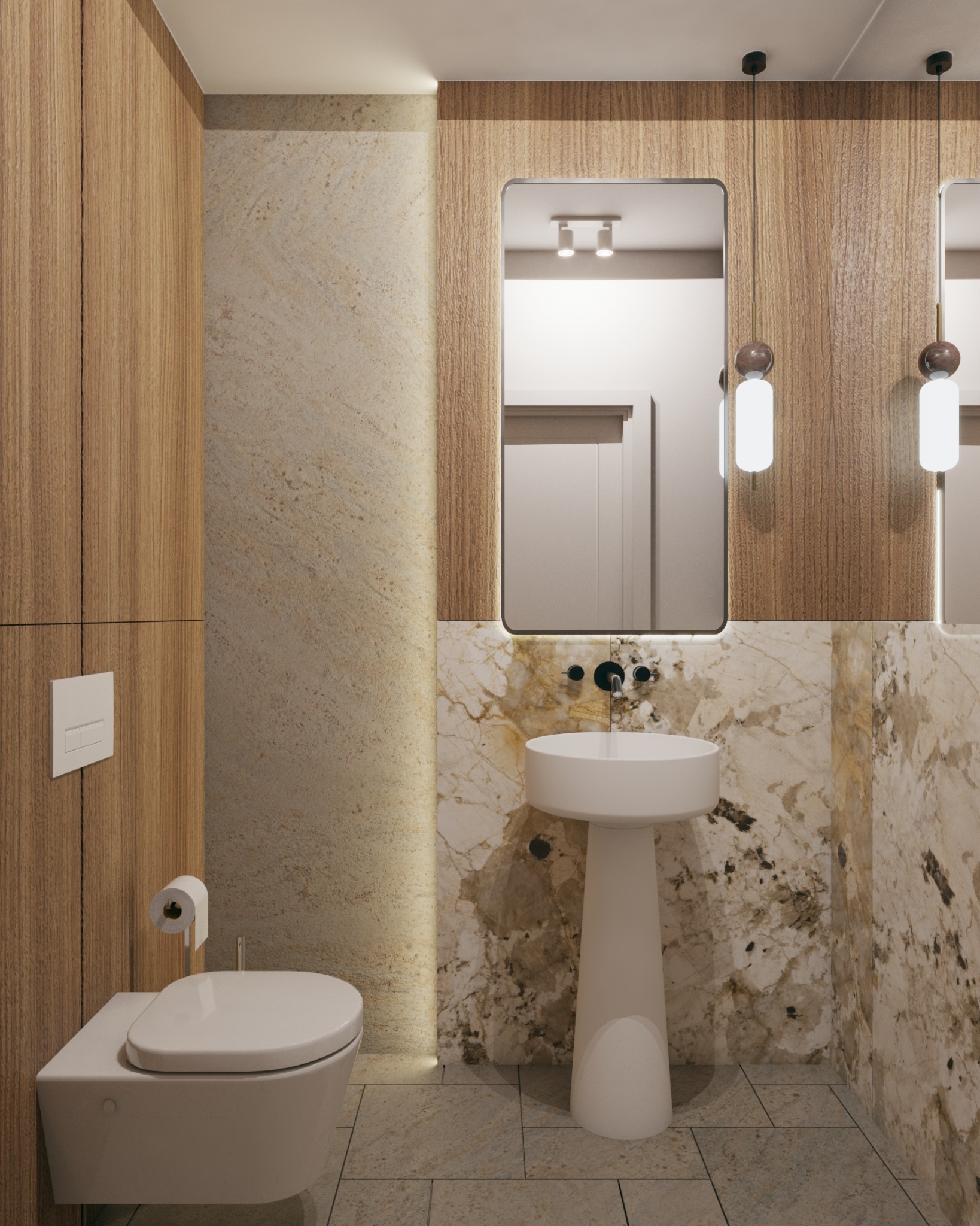 Nowoczesna łazienka z marmurowymi ścianami, podwieszaną toaletą i umywalką na postumencie. Oświetlenie punktowe i lustra dodają elegancji.