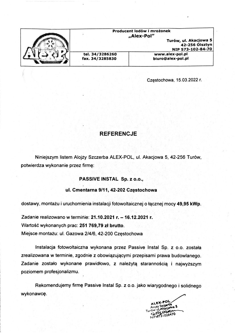 Skan referencji dla Passive Instal Sp. z o.o. za montaż instalacji fotowoltaicznej o mocy 49,95 kWp, potwierdzony przez Alex-Pol z Częstochowy, 15.03.2022.
