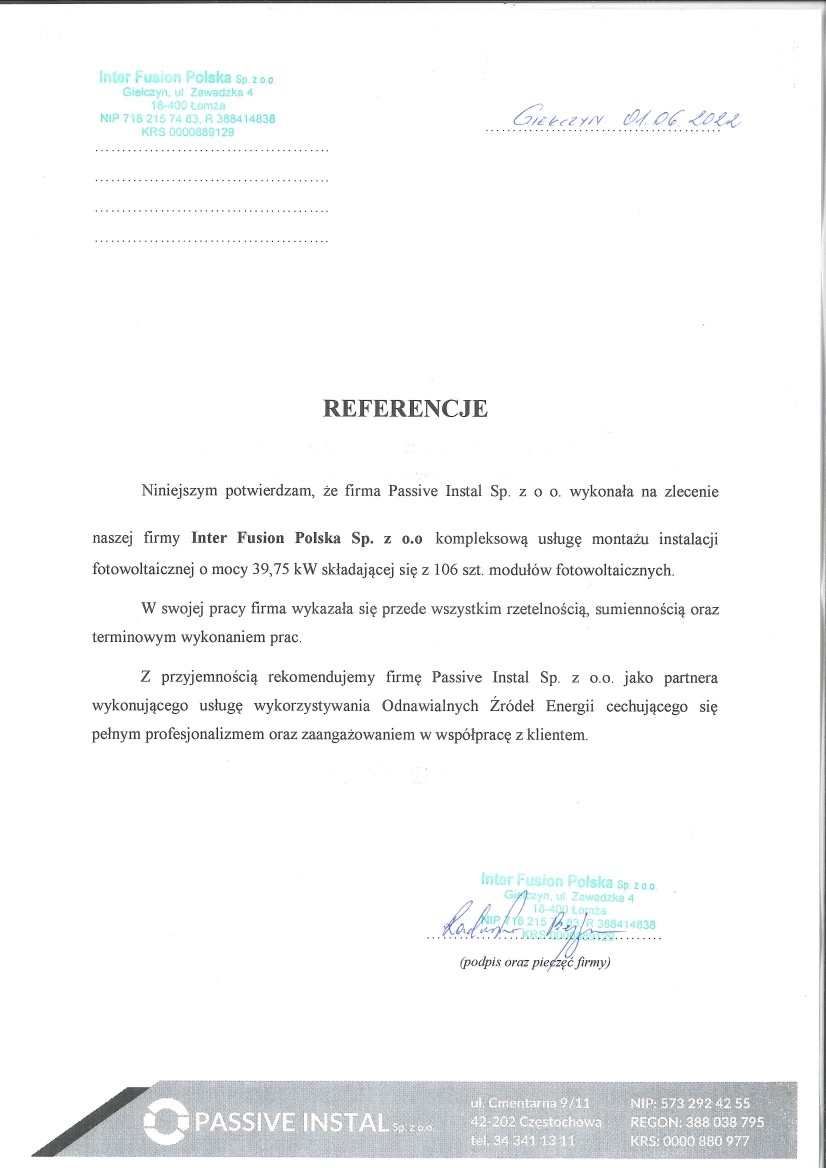 Skan referencji dla Passive Instal Sp. z o.o. za montaż instalacji fotowoltaicznej o mocy 39,75 kW, składającej się z 106 modułów, wystawionej przez Inter Fusion Polska.