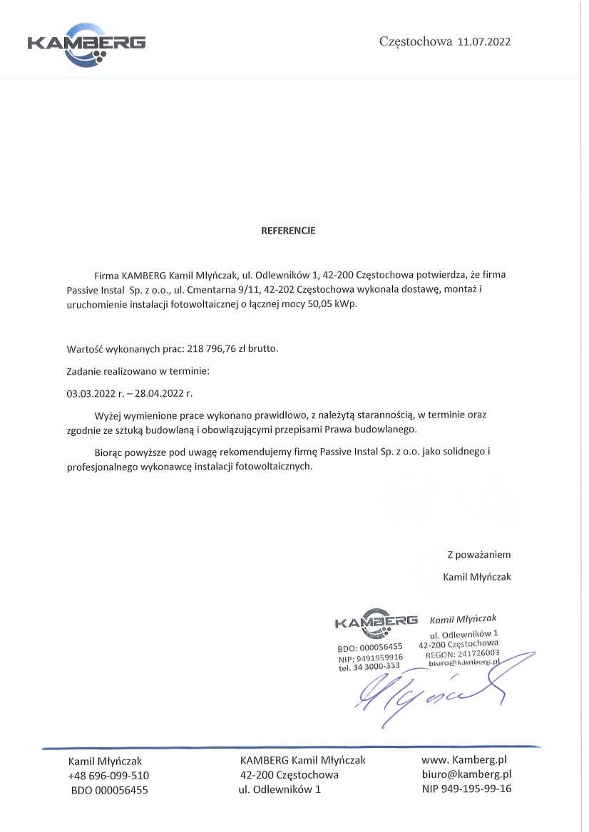Referencje dla firmy Passive Instal Sp. z o.o. za montaż instalacji fotowoltaicznej o mocy 50,05 kWp, wystawione przez KAMBERG Kamil Młyńczak z Częstochowy.