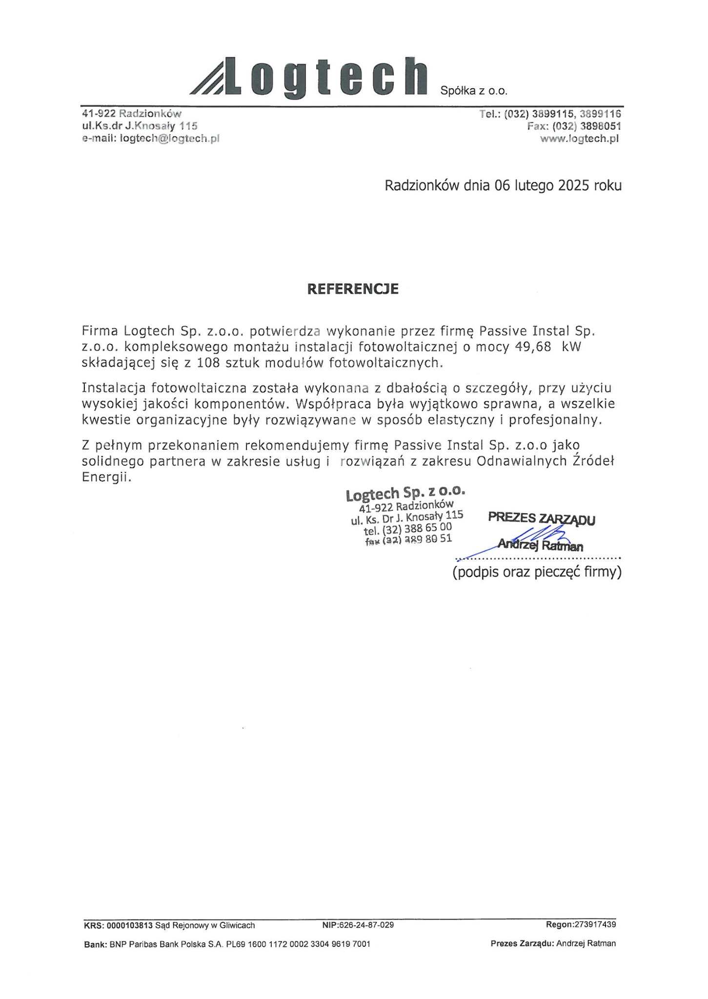 Dokument referencyjny firmy Logtech Sp. z o.o. potwierdzający kompleksowy montaż instalacji fotowoltaicznej o mocy 49,68 kW przez firmę Passive Instal Sp. z o.o.