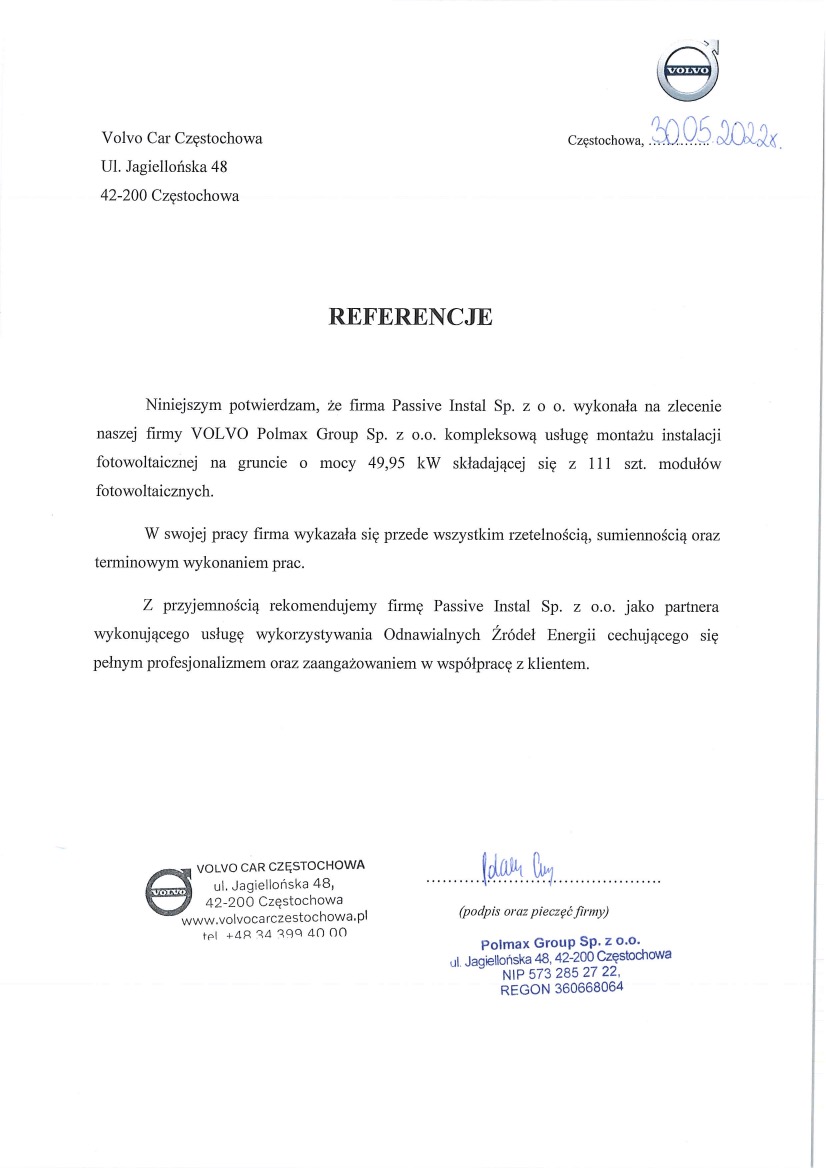 Referencje od Volvo dla firmy Passive Instal za montaż instalacji fotowoltaicznej o mocy 49,95 kW, składającej się z 111 modułów. Dokument z podpisem i pieczęcią.