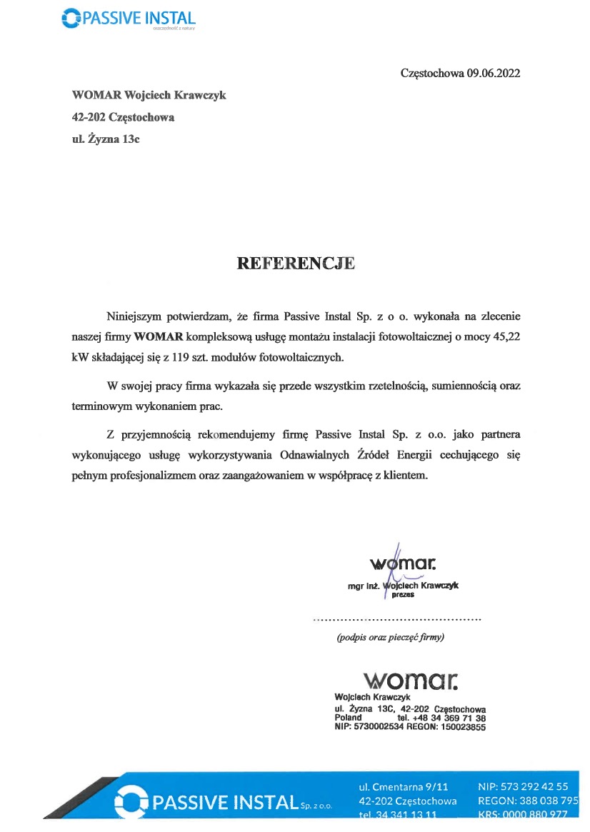 Skan referencji dla Passive Instal Sp. z o.o. za montaż instalacji fotowoltaicznej o mocy 45,22 kW, składającej się ze 119 modułów, wystawionej przez firmę WOMAR.