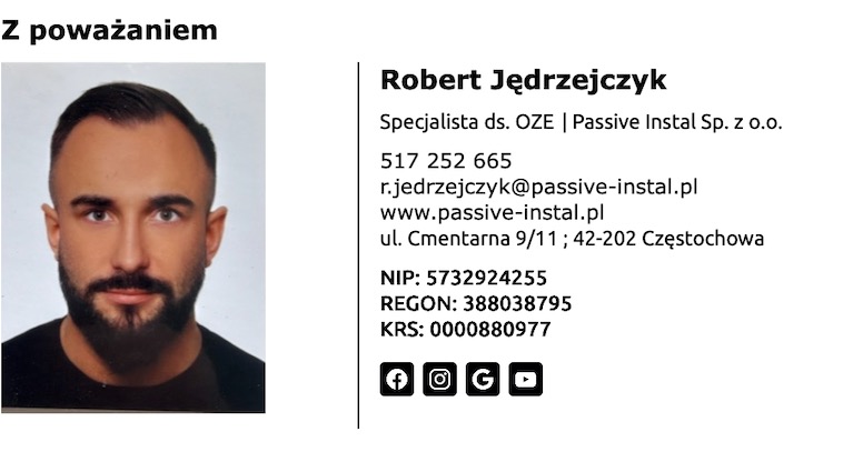 Wizytówka Roberta Jędrzejczyka, specjalisty ds. OZE z Passive Instal Sp. z o.o. Zawiera zdjęcie portretowe i dane kontaktowe, w tym numer telefonu, adres e-mail i adres firmy.