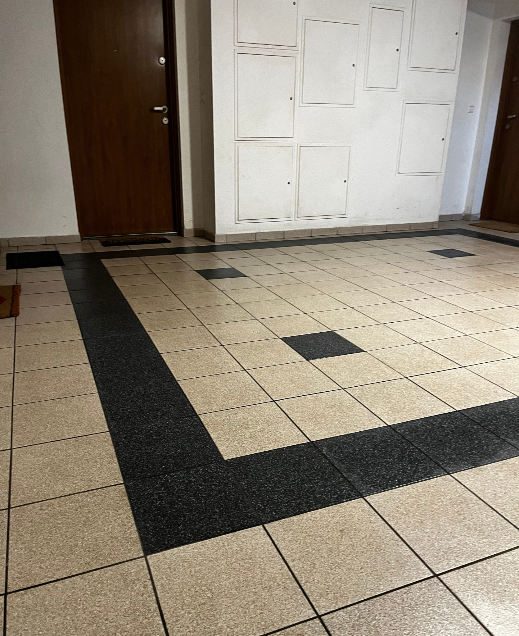 Korytarz w budynku wielorodzinnym z beżowo-czarną, kwadratową podłogą z płytek. Na ścianie białe, kwadratowe klapy rewizyjne. Widoczne drzwi wejściowe.