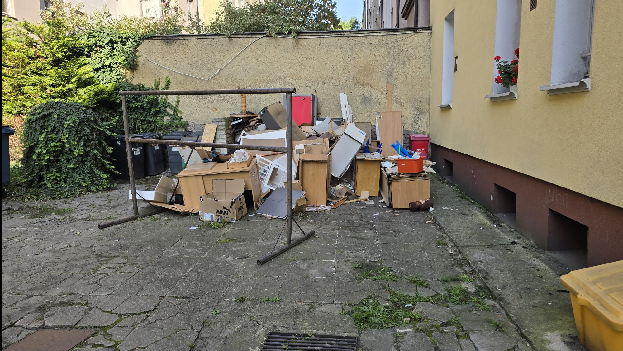 Sterta mebli i kartonów na zewnątrz budynku, prawdopodobnie przed opróżnieniem. Widoczne śmietniki, fragment elewacji z kwiatami w oknach, zarośla w tle.