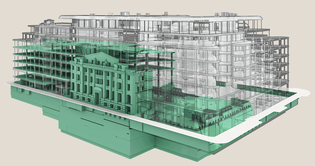 Model 3D budynku z zaznaczonymi instalacjami PPOŻ w kolorze zielonym. Widok z góry, perspektywa izometryczna.