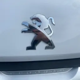Błyszczące logo lwa Peugeot na białej masce samochodu, z widocznym fragmentem napisu 'PEUGEOT' na srebrnym elemencie pod maską.