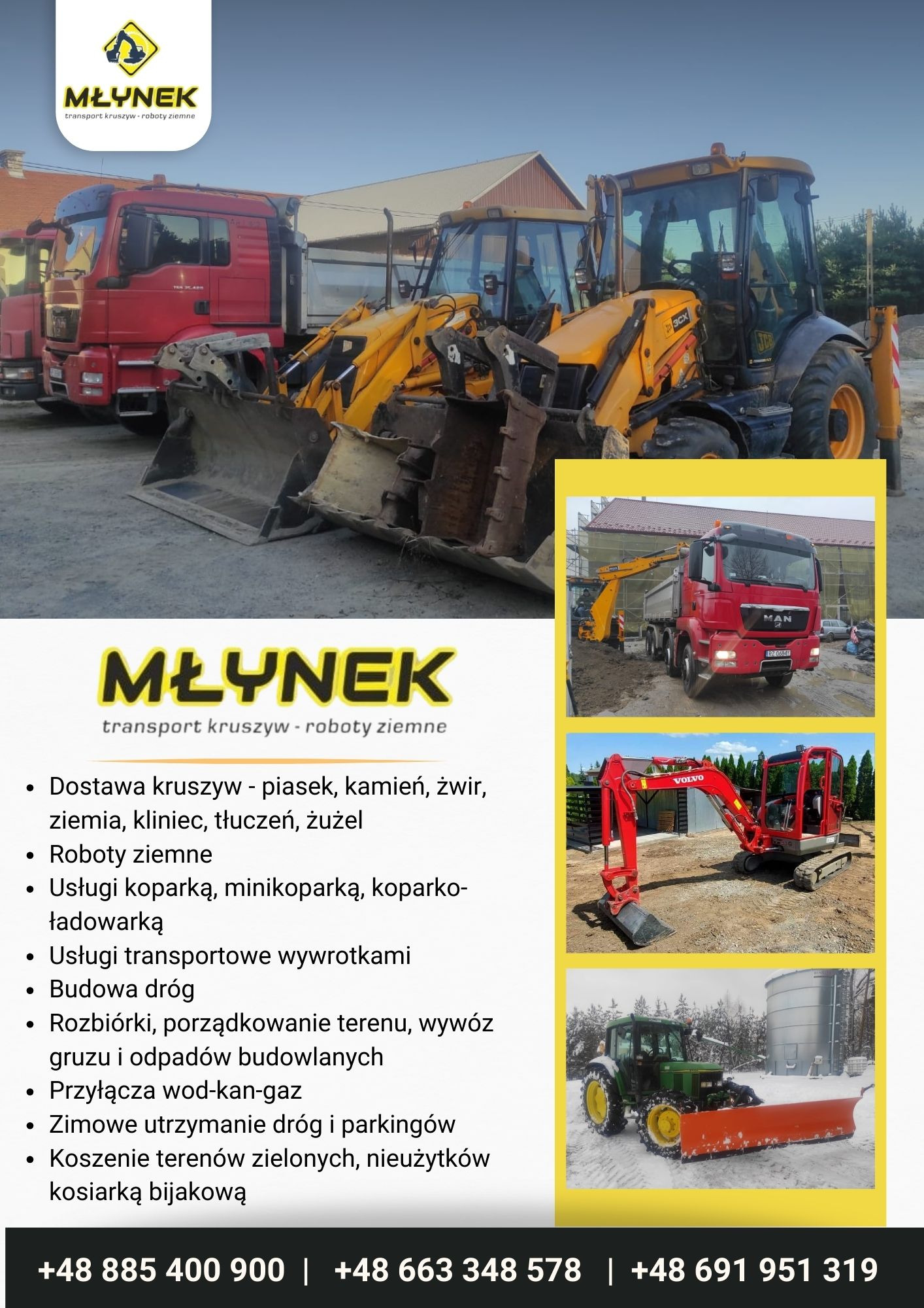 Żółta koparko-ładowarka JCB na tle czerwonych ciężarówek MAN i Volvo, prezentująca usługi transportu kruszyw i robót ziemnych firmy z charakterystycznym logo.