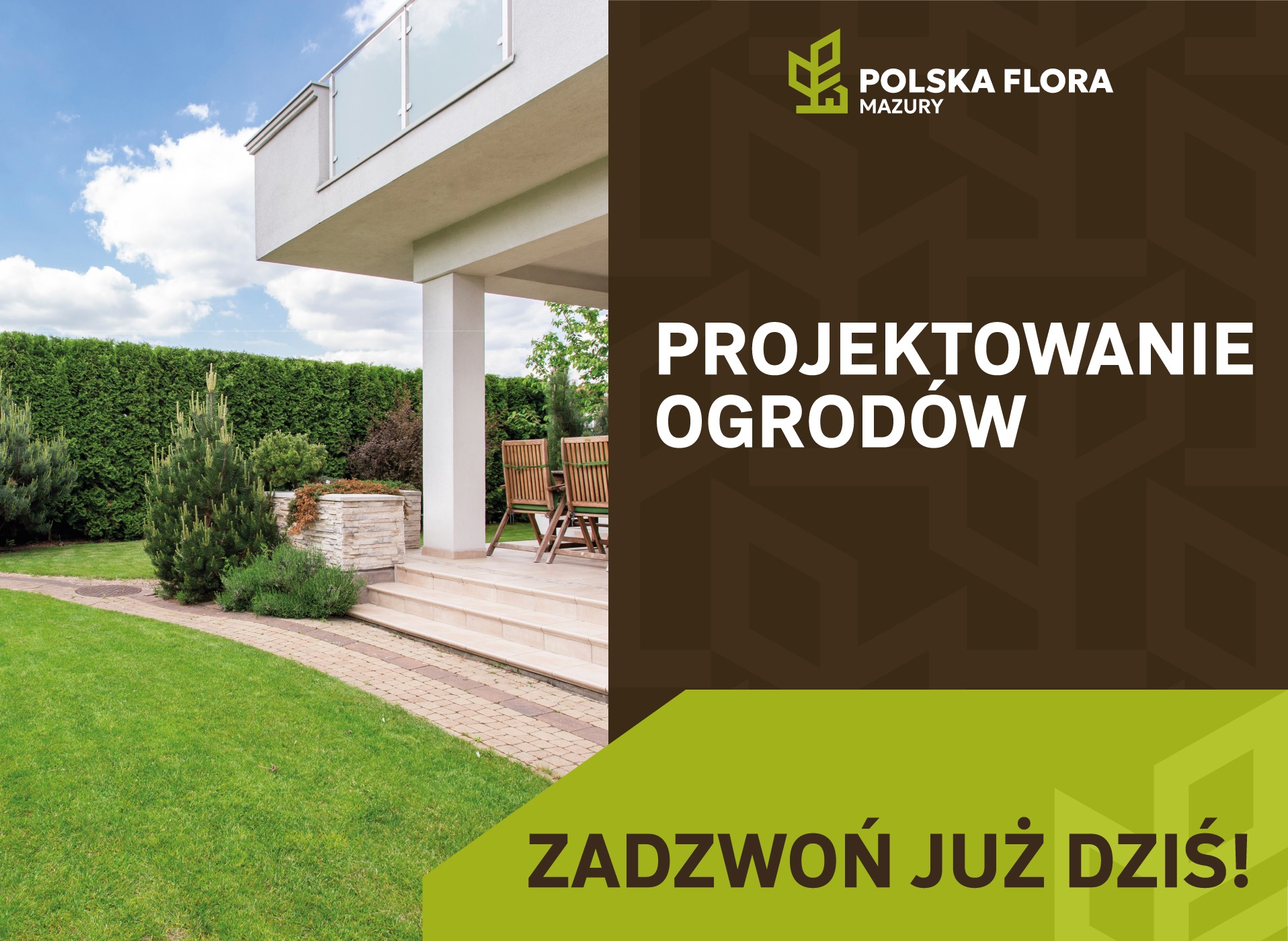 Projekt ogrodu z nowoczesnym domem, zielonym trawnikiem i tujami w tle. Na pierwszym planie napis 'Zadzwoń już dziś!'