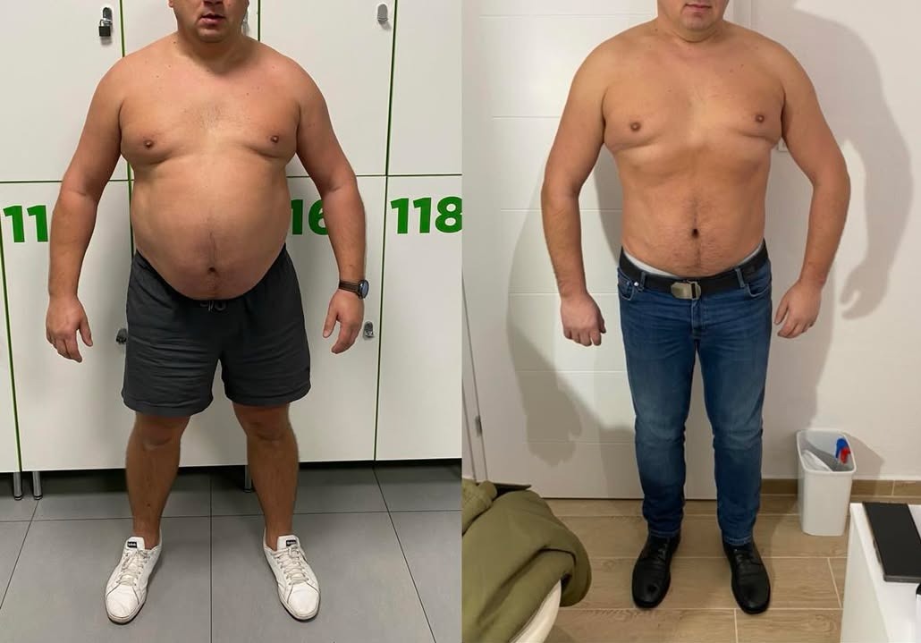 Mężczyzna przed i po metamorfozie sylwetki. Po lewej otyły, po prawej szczuplejszy, w jeansach i pasku. Widoczne szafki w tle.