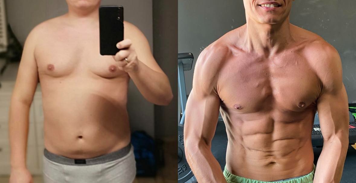 Metamorfoza sylwetki: zdjęcie 'przed' z telefonem w dłoni i 'po' z wyraźnie zarysowanymi mięśniami brzucha, ukazujące efekt treningu personalnego.