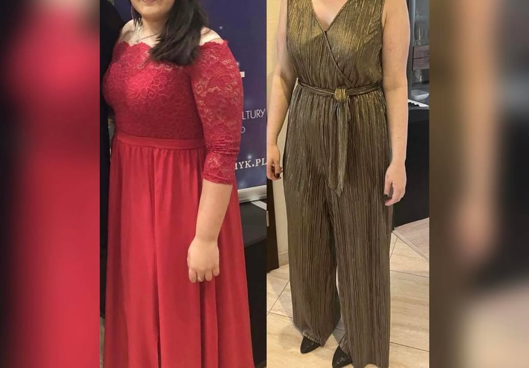 Efekt metamorfozy sylwetki: kobieta w czerwonej sukni przed i w złotym kombinezonie po. Widoczna zmiana w obwodzie talii i ogólnym wyglądzie.