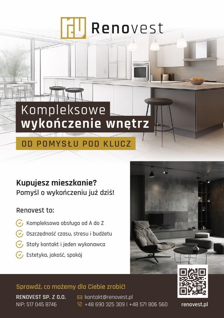 Jasna kuchnia z wyspą i ciemny salon z fotelami, prezentowane na grafice reklamowej firmy Renovest oferującej kompleksowe wykończenia wnętrz.