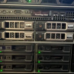 Serwer Dell EMC PowerEdge R530 z dyskami SAS 300GB i SATA 4TB. Widoczne porty USB, diody statusu i napisy informacyjne na obudowie serwera.