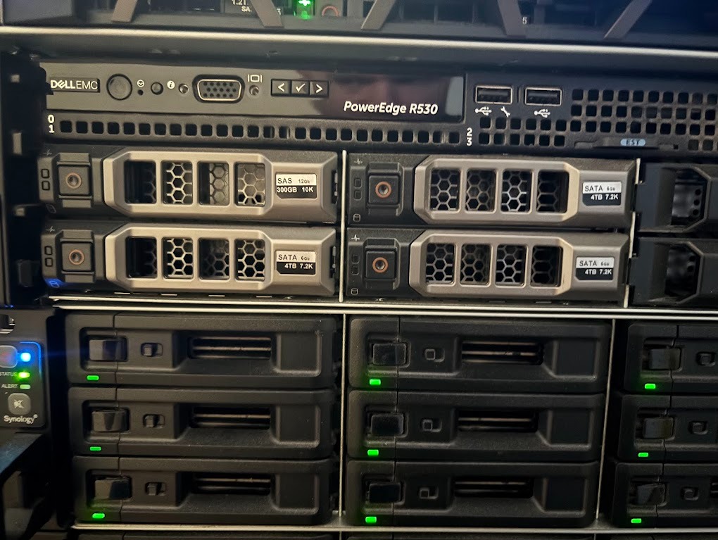 Serwer Dell EMC PowerEdge R530 z dyskami SAS 300GB i SATA 4TB. Widoczne porty USB, diody statusu i napisy informacyjne na obudowie serwera.