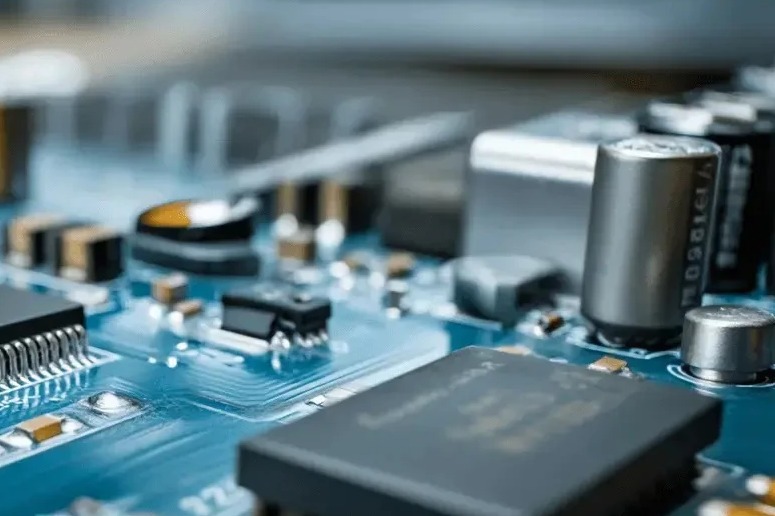 Zbliżenie na niebieską płytę główną komputera z widocznymi elementami elektronicznymi, takimi jak kondensatory i układy scalone. Delikatne oświetlenie podkreśla detale.